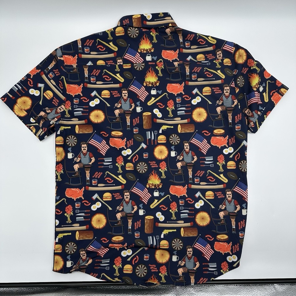 RSVLTS Parks and Rec Button Down Shirt Ron Swanson Pawnee Mens XL X-Large Blue - Picture 8 of 9
